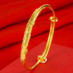 18k Women Bangle Bracelet Push Pull Flower Carved Wedding Bridal Gift