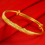 18k Women Bangle Bracelet Push Pull Flower Carved Wedding Bridal Gift