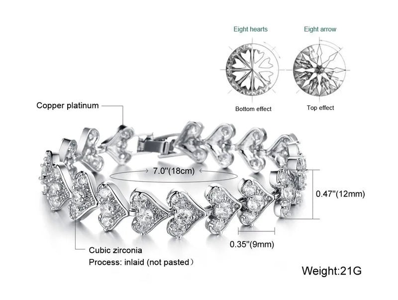 Bling Heart Full Chain Link Micro CZ Zircon Stone Bracelet Wedding Jewelry