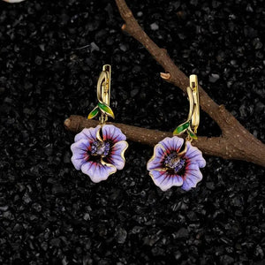 Bohemia Purple Enamel Flower Leaf Drop Earrings