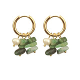 Bohemia Small Hoops Pendant Earrings with Crushed Stone Pearl Green Stone