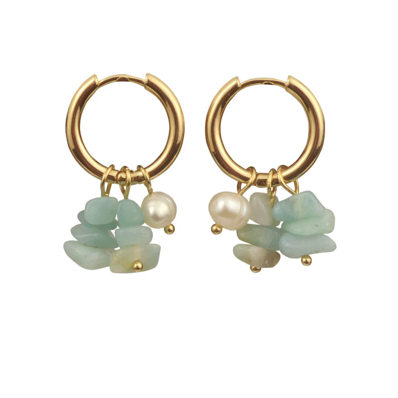 Bohemia Small Hoops Pendant Earrings with Crushed Stone Pearl Green Stone