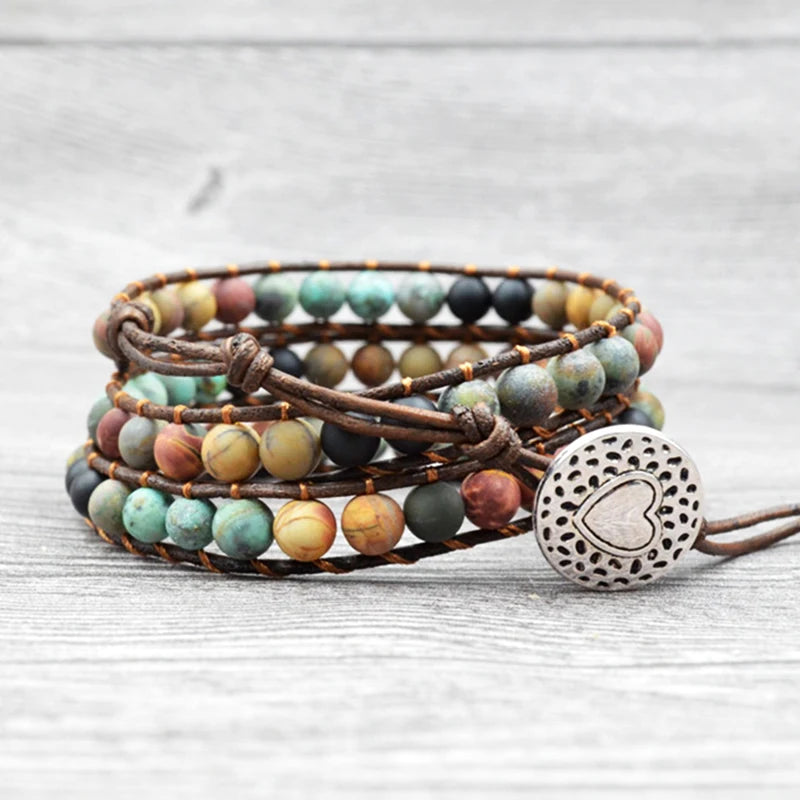Bohemian Leather & Stone Wrap Bracelets Heart Charm