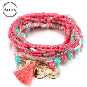 Bohemian Multilayer Bracelets with Tassel Coin Glass Beads Charm Wrap
