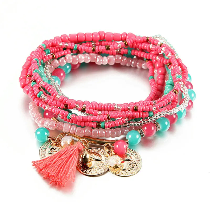 Bohemian Multilayer Bracelets with Tassel Coin Glass Beads Charm Wrap