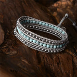 Boho Bracelet Natural Stone 3X Leather Wrap Stone Beaded Bracelet