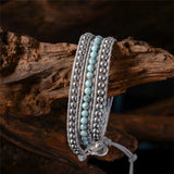Boho Bracelet Natural Stone 3X Leather Wrap Stone Beaded Bracelet