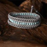 Boho Bracelet Natural Stone 3X Leather Wrap Stone Beaded Bracelet