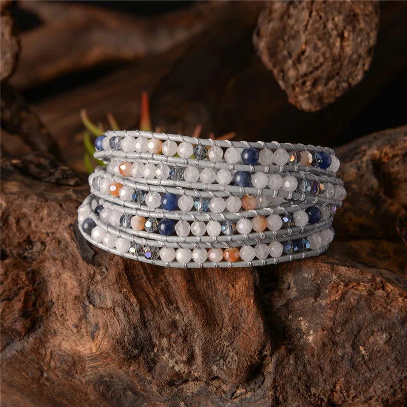 Boho Stone Beaded Leather Wrap Bracelet