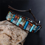 Women Boho Bracelet Tube Shape Natural Stone Single Leather Wrap Bracelet