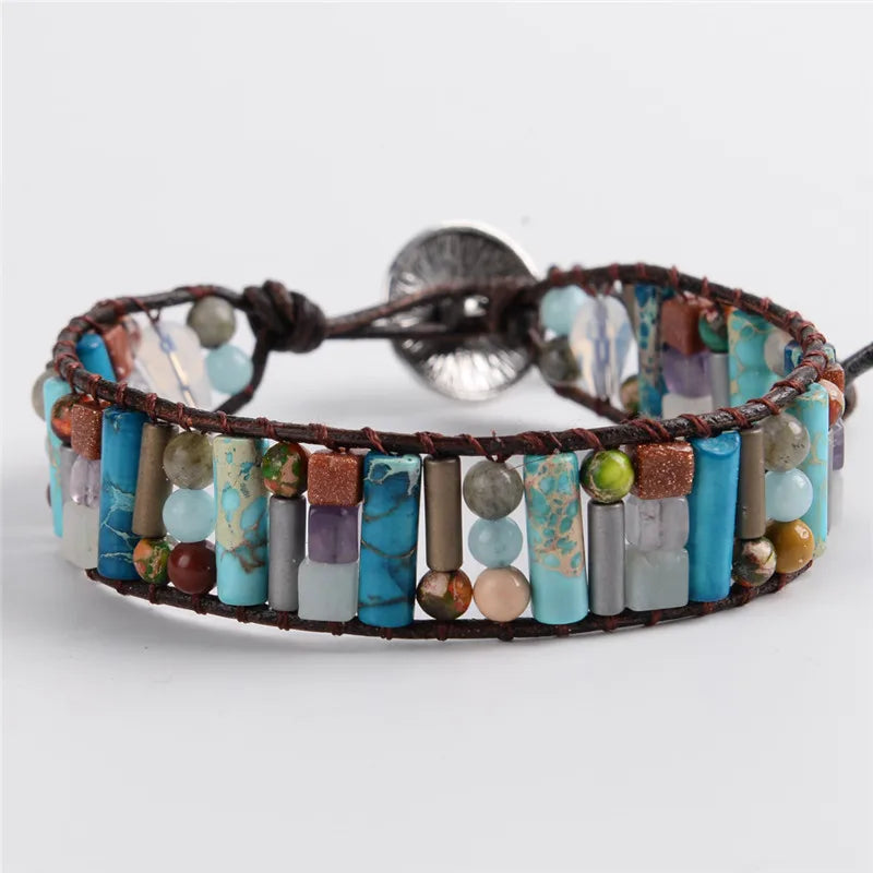 Women Boho Bracelet Tube Shape Natural Stone Single Leather Wrap Bracelet