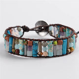 Women Boho Bracelet Tube Shape Natural Stone Single Leather Wrap Bracelet