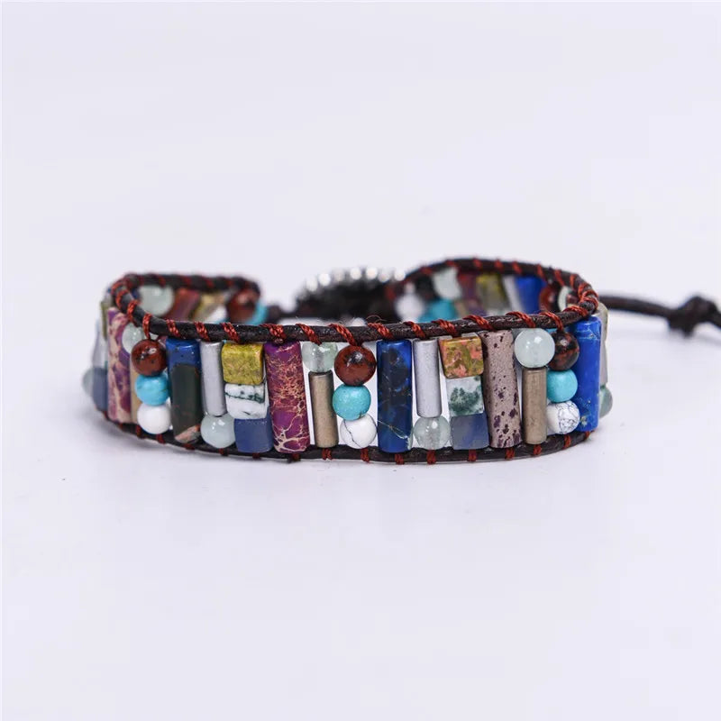 Boho Leather Wrap Bracelet Natural Stone Beads