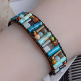 Women Boho Bracelet Tube Shape Natural Stone Single Leather Wrap Bracelet