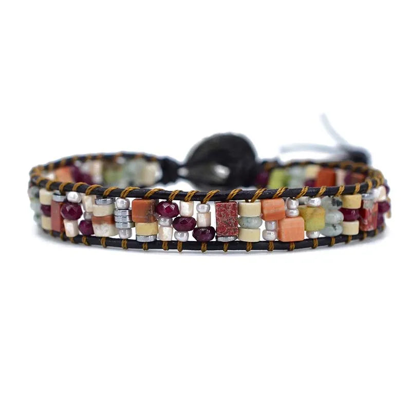 Boho Tube Shape Stone Leather Wrap Bracelet