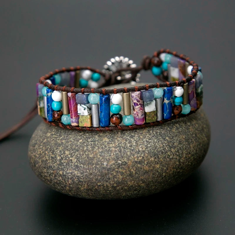 Boho Tube Stone Leather Wrap Bracelet Sunflower