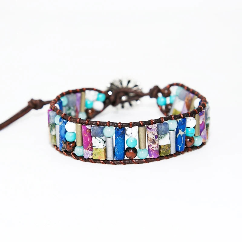 Boho Stone Tube Leather Wrap Sunflower Cuff Bracelet
