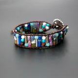 Boho Stone Tube Leather Wrap Sunflower Cuff Bracelet