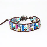 Boho Stone Tube Leather Wrap Sunflower Cuff Bracelet