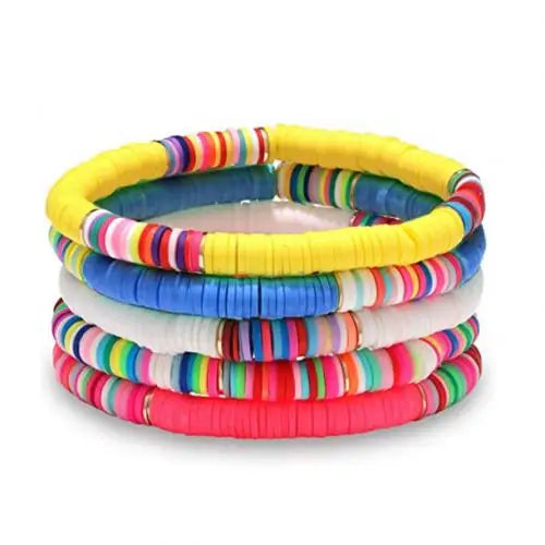 Boho Bracelets Set of 5/7, Clay Beads Wrap Cuff Bangle