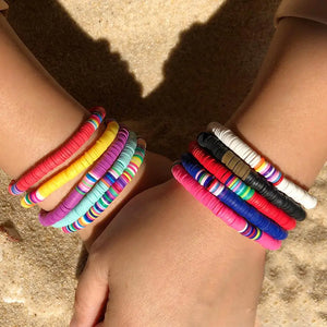 Boho Bracelets Set of 5/7, Clay Beads Wrap Cuff Bangle