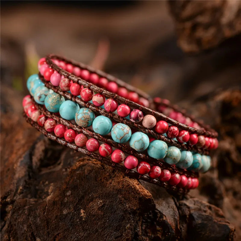 Boho Three Layer Natural Stone Single Leather Wrap Bracelet