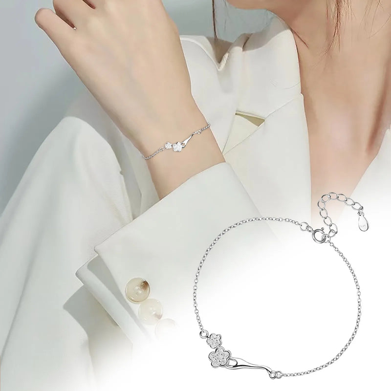 S925 Silver Women's Bracelet Set - Peach Branches Floral Watch Strap