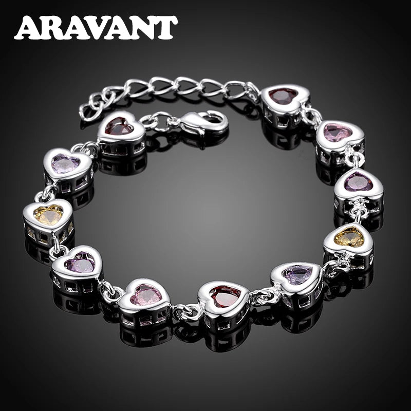 925 Silver Heart Crystal Bracelet For Women Wedding Jewelry