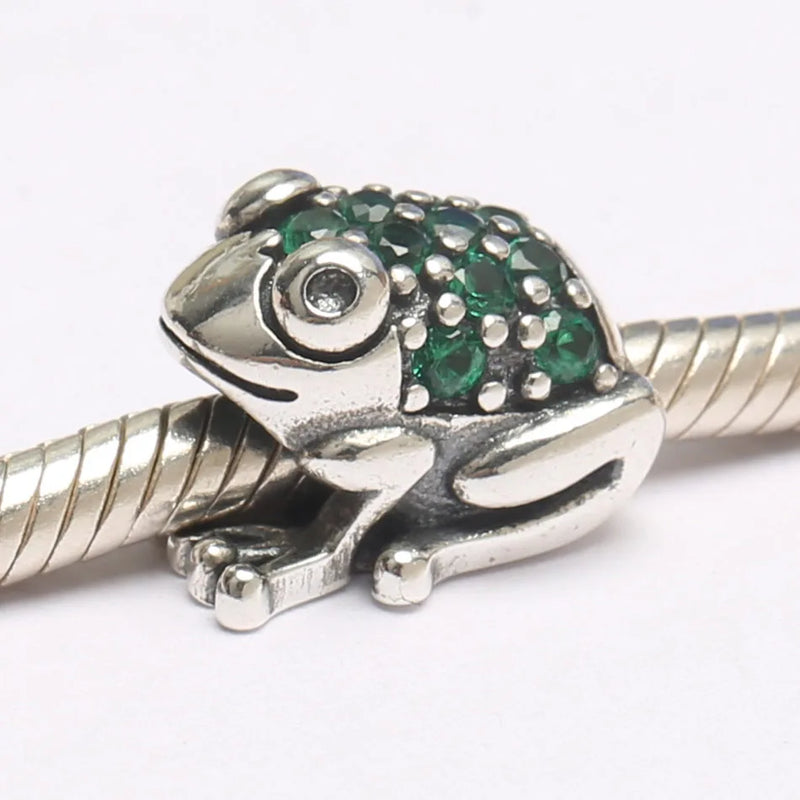 Women Bracelet DIY Jewelry Frog Charm Silver Bead Lady Gift Enamel CZ Green