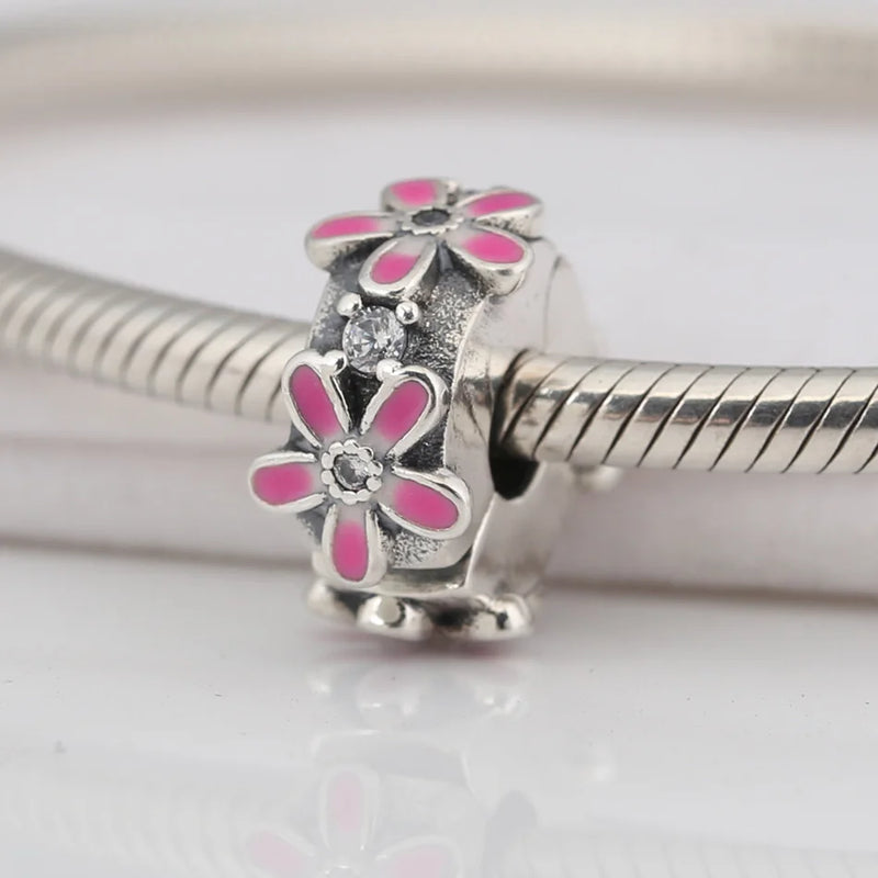 Pink Enemal Daisy Flower Charm for Women Bracelet Bangle