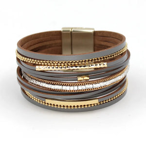 Women Bracelets Multi-layer Leather Rope Rhinestone Combination Metal Pipe Chain
