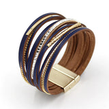 Women Bracelets Multi-layer Leather Rope Rhinestone Combination Metal Pipe Chain