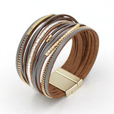 Women Bracelets Multi-layer Leather Rope Rhinestone Combination Metal Pipe Chain