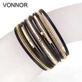 Women Bracelets Multi-layer Leather Rope Rhinestone Combination Metal Pipe Chain