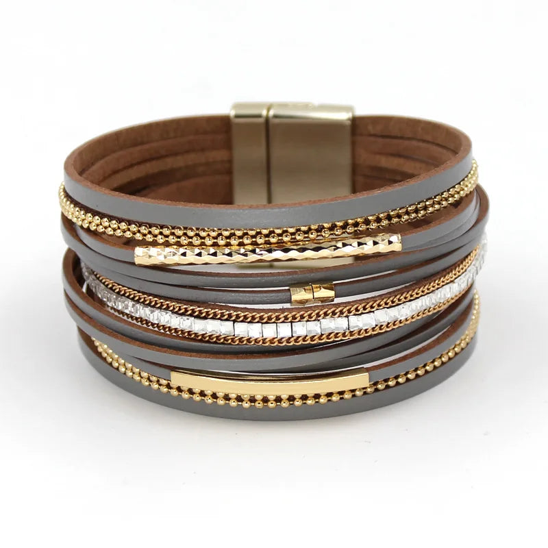 Women Bracelets Multi-layer Leather Rope Rhinestone Combination Metal Pipe Chain