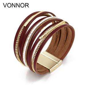 Women Bracelets Multi-layer Leather Rope Rhinestone Combination Metal Pipe Chain