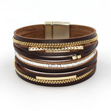 Women Bracelets Multi-layer Leather Rope Rhinestone Combination Metal Pipe Chain