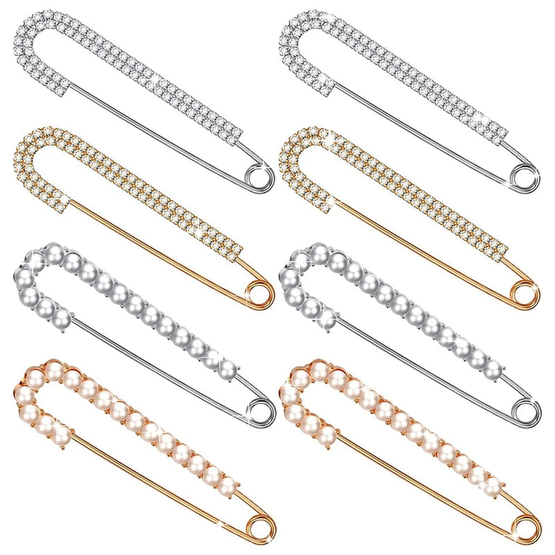 Crystal & Pearl Women Brooch Pins Sweater Clips Gold & Silver (8 Pieces)