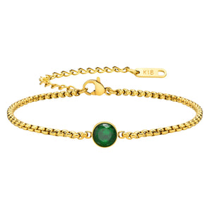 Green CZ Bracelet, 18k Plated Stainless Steel, Box Chain Link