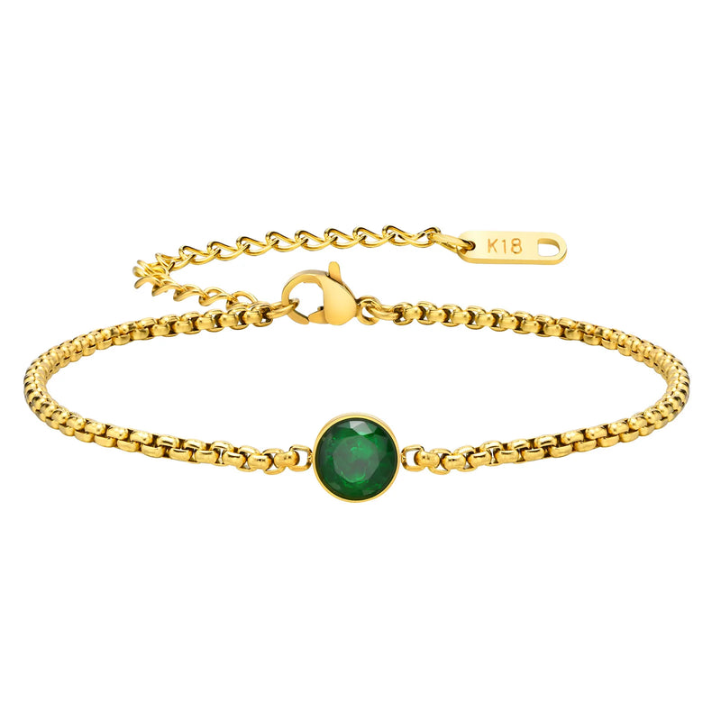 Green CZ Bracelet, 18k Plated Stainless Steel, Box Chain Link