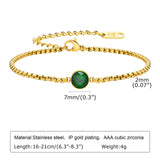 Green CZ Bracelet, 18k Plated Stainless Steel, Box Chain Link