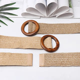 Women Casual Round Wooden Buckle Straw Belt Elastic Waist Chain