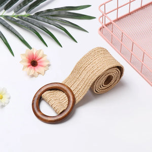 Women Casual Round Wooden Buckle Straw Belt Elastic Waist Chain