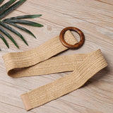 Women Casual Round Wooden Buckle Straw Belt Elastic Waist Chain