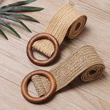 Women Casual Round Wooden Buckle Straw Belt Elastic Waist Chain