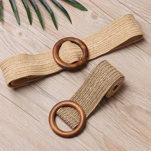 Women Casual Round Wooden Buckle Straw Belt Elastic Waist Chain