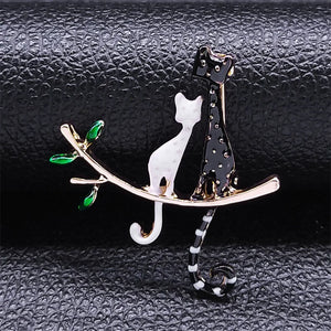 Cat on Branch Enamel Brooches Women Children Couple Pins