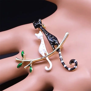 Cat on Branch Enamel Brooches Women Children Couple Pins