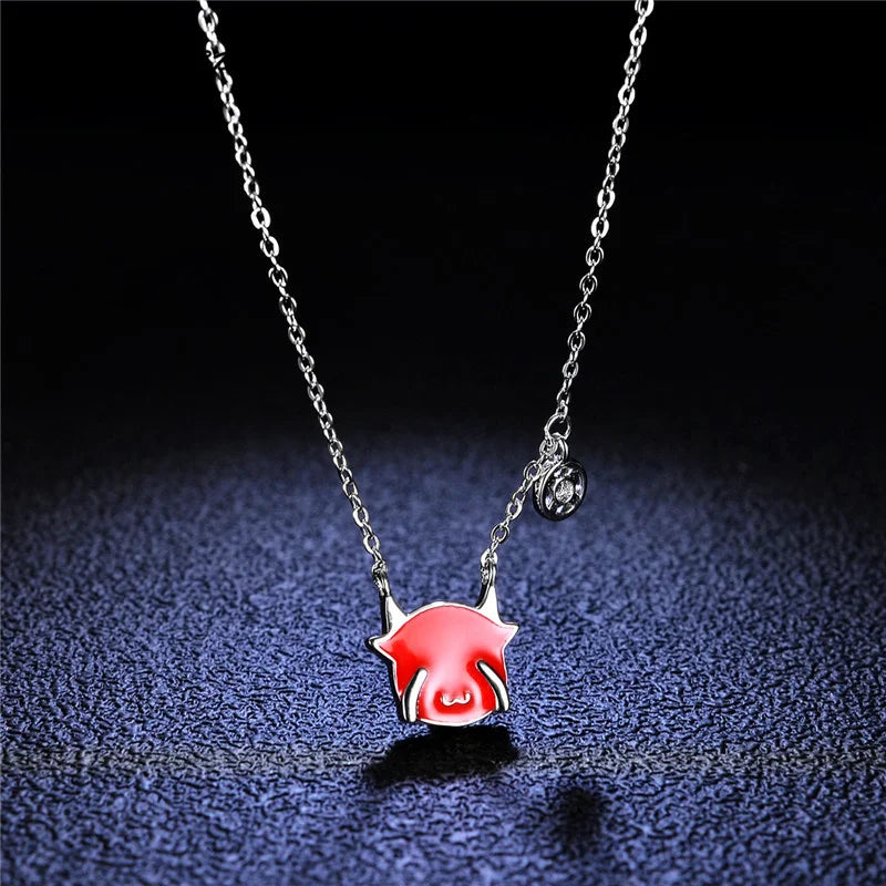 925 Silver Platinum Plating Red Enamel Cow Pendant Necklace S925 Jewelry