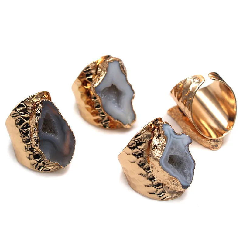 Women Rough Stone Druzy Ring Crystal Quartz Geode Open Adjusted Hole Inlaid